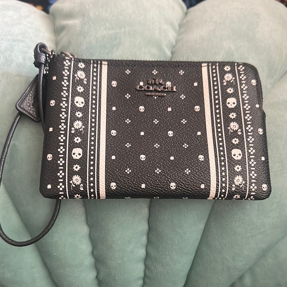 Coach Black and White Skull and Flower Print Clutch
